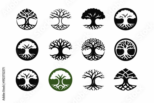 Yggdrasil tree. Icon set. Set Logo of Yggdrasil tree: mythic tree silhouette. harmonious logo variations of the same emblematic concept, each with different
