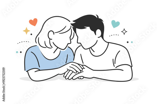 Couple bonding close-up. Two people leaning close, hands touching gently, focus on gesture rather than faces. Quiet affection and emotional