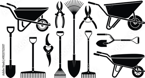 Gardening tools silhouette collection with wheelbarrow, shovel, rake and pruning shears isolated on white background, black vector illustration set for agriculture and garden design