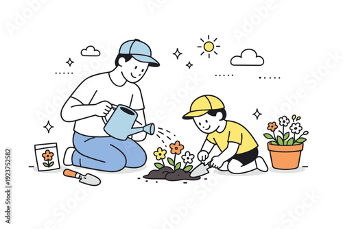 Father?s Day spring illustration nature time. Father and child planting flowers or watering plants together. Calm nurturing moment expressing care and growth.