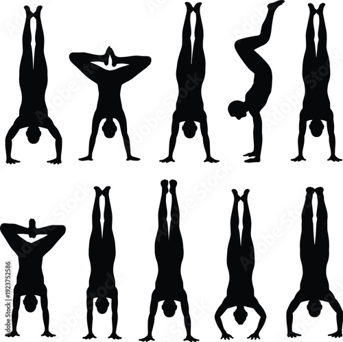 Handstand silhouette collection of gymnast performing inverted balance poses isolated on white background, black vector illustration set for fitness, yoga and sport design
