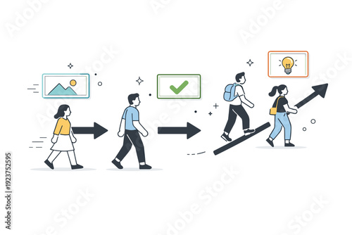 Invisible authority. Characters following directional arrows and frames that hover gently in the air, with no visible leader present. The illustration conveys