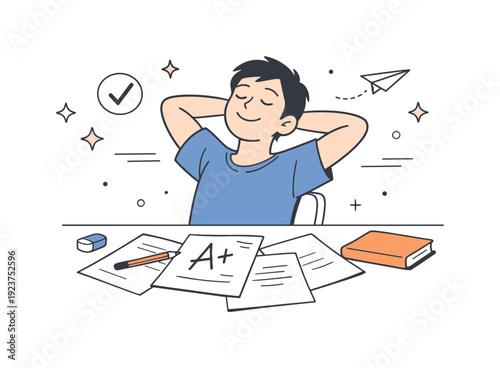 Young student relaxes with hands behind head after achieving excellent grades on tests