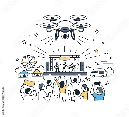 Drone capturing aerial footage of a live music festival with a band performing on stage