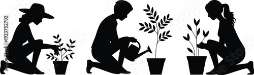 People gardening silhouette collection with man and woman planting and watering potted plants isolated on white background, black vector illustration for eco lifestyle concept