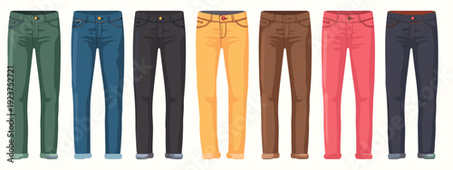 set of colored pants and jeans flat style vector illustration isolated on white background