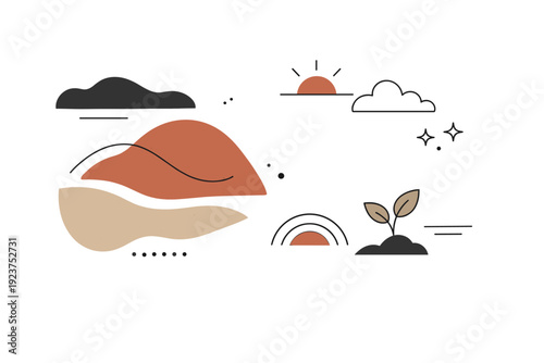 Earth texture editorial background. A refined abstract composition combining soil-inspired shapes and muted natural tones into a cohesive modern layout. The