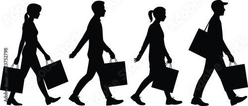 Shopping people silhouettes walking with bags, black vector illustration of men and women carrying purchases isolated on white background for retail concept