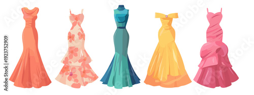 colorful designed evenening dresses flat style vector illustration isolated on white background