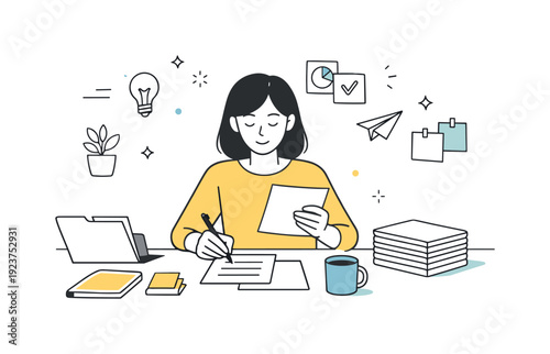 Mindful work process. Individual focused on a single task, calmly organizing documents and ideas without rush. Peaceful editorial atmosphere