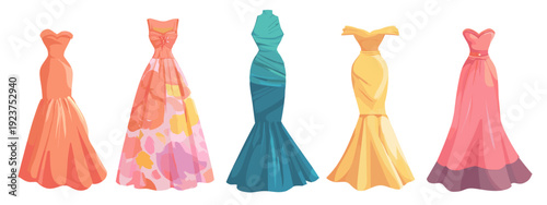 colorful designed evenening dresses flat style vector illustration isolated on white background