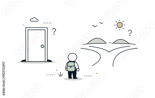 Person at a crossroads with a door, symbolizing choice and uncertainty