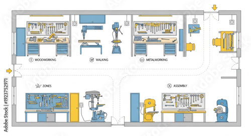 Detailed workshop layout with various tools and equipment for different tasks and projects.