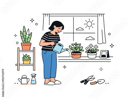 Woman watering houseplants on a sunny day near the window with gardening tools