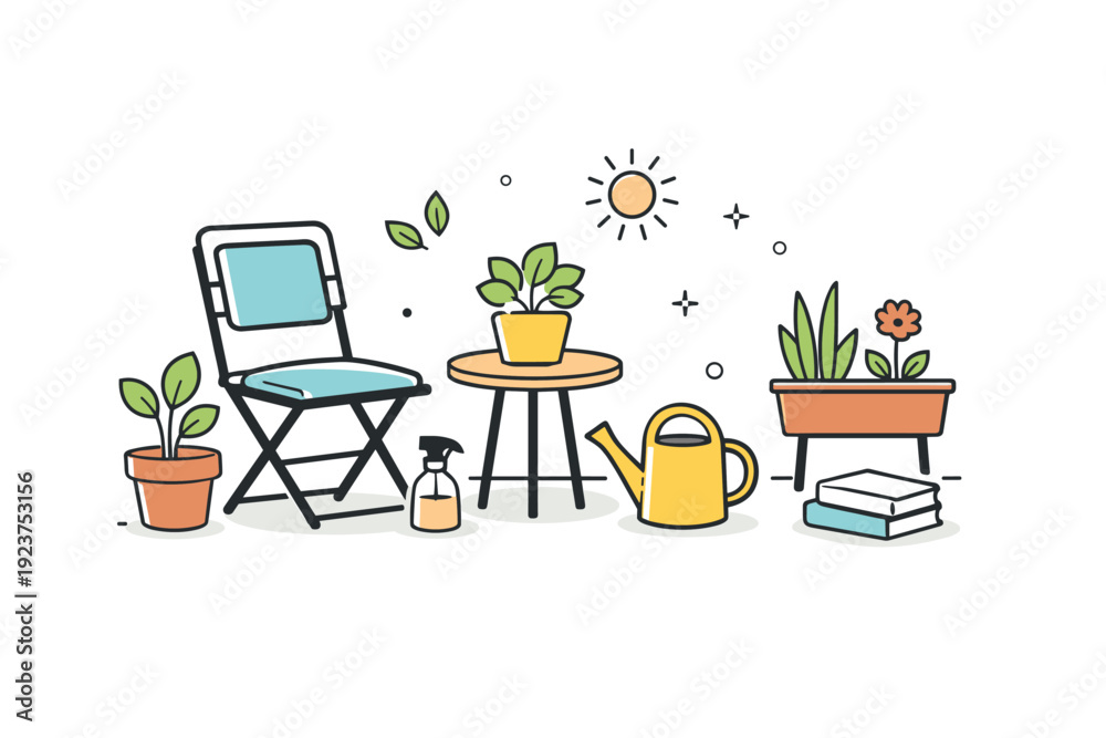 Fototapeta premium Balcony tidying rituals. Several small balcony elements arranged neatly: chair, plants, watering can, open space. The composition highlights routine, care, and