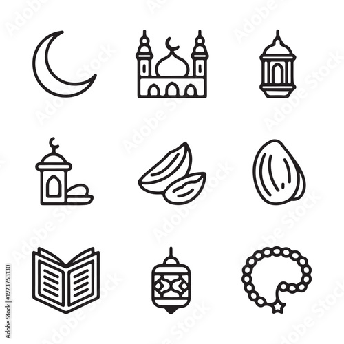Islamic symbols crescent mosque lantern dates book prayer beads on white ramadan