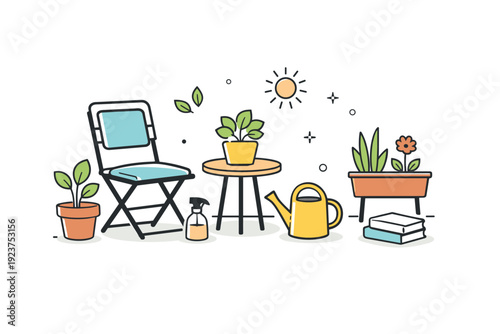 Balcony tidying rituals. Several small balcony elements arranged neatly: chair, plants, watering can, open space. The composition highlights routine, care, and