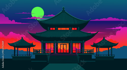 Serene Chinese-Style Pagoda at Vibrant Sunset – Vector Illustration of Red Interior and Green Moon with Tranquil Architecture
