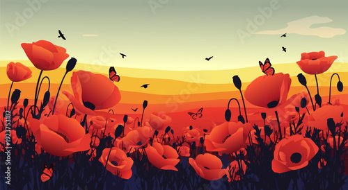 Vector Illustration of Vibrant Red Poppies with Flying Birds Against a Gradient Sunset Sky
