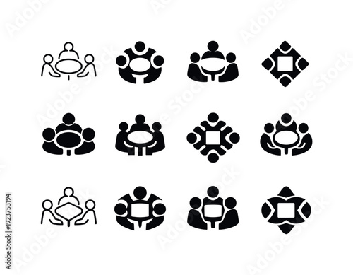 Virtual coworking cafes. Icon set. Set Logo of Virtual coworking cafes: abstract people avatars around table. harmonious logo variations of