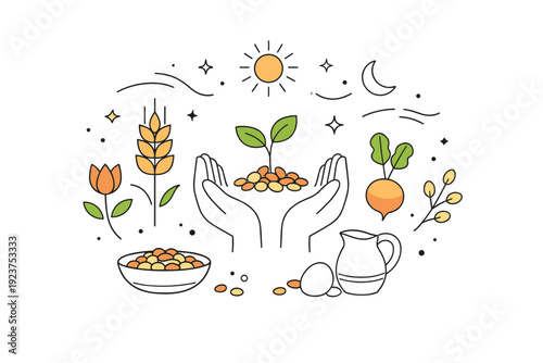 Spring harvest blessing ceremonies. Abstract symbolic composition with plants, seeds, and gentle decorative marks floating softly. Quiet