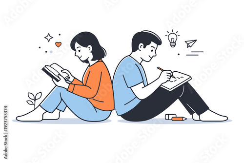 Couples parallel activities. Two partners sit near each other, each focused on their own task like reading and sketching. Quiet companionship and shared