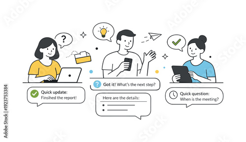 Team collaboration and communication with chat bubbles and icons, modern flat illustration