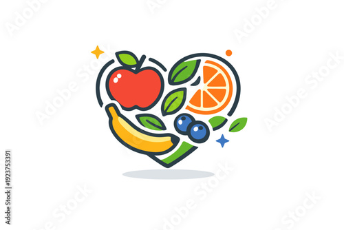 Healthy eating habits positive lifestyle symbolized by a heart icon formed from fruits and leaves, communicating enjoyment, vitality and long term health