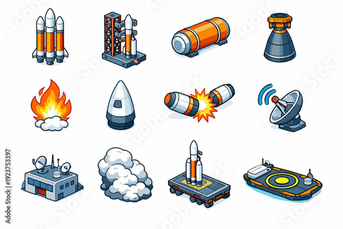 Space launch systems. Colorful isometric vector icons set of space launch systems: heavy rocket booster, launch gantry, fuel tank, engine nozzle, ignition
