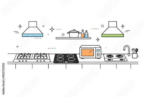 Shared kitchens unused. A quiet view of multiple stovetops and cooking zones with no signs of food or people. Infrastructure ready, energy
