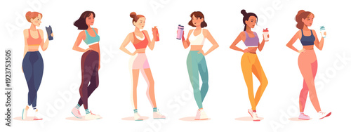 set of illustration of a sports woman fitness group of girls 