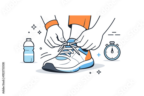 Jogging start moment. Close-up style scene of hands tying running shoes, calm concentration before movement. Emphasis on preparation and