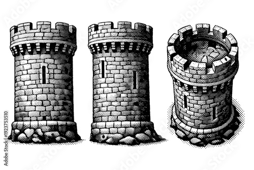 Tower architecture medieval stone watchtower with cylindrical body, narrow arrow slits, crenellated top, shown from front, side, and slight