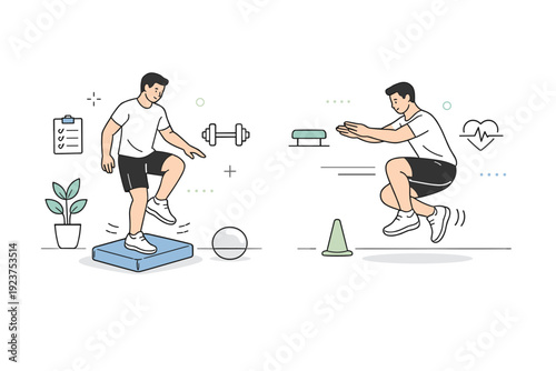 Functional rehab exercises. Athlete balancing on a foam pad or performing controlled single-leg drills, focus on stability and coordination, calm