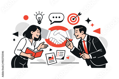 Business partnership. Man and woman leaning slightly forward, exchanging ideas, handshake