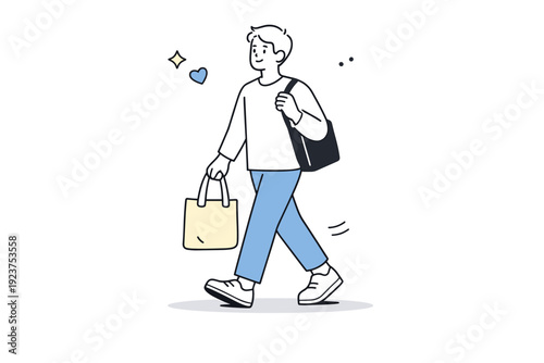 Carrying ordinary bags. A person walking calmly while holding a simple tote or shopping bag. Everyday movement and quiet routine captured without emphasis or