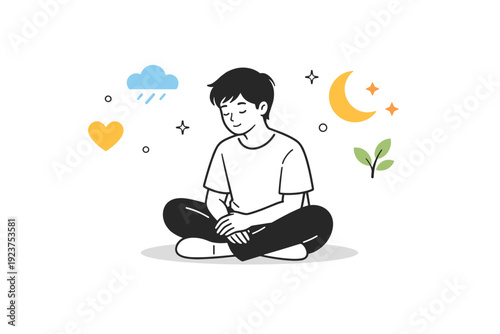 Emotional storytelling with people. A single character sitting quietly with subtle gestures, soft symbols floating nearby to suggest inner