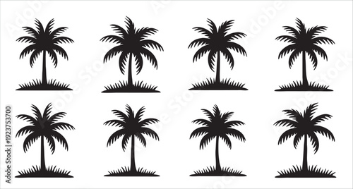 eight silhouettes of tropical palm trees on white background