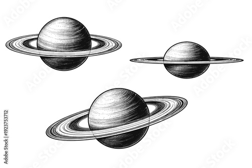 Ringed planet. A ringed planet is depicted in three views: frontal view with horizontal rings, side view showing ring thickness,