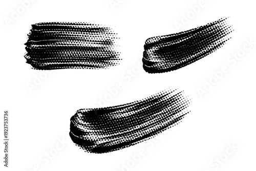 Black and white halftone paint brush swatch A thick paint brush swatch with visible stroke direction shown in front view, side view, and