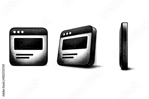 Icon set object displayed as a generic interface icon shape with clear negative space shown in frontal view, rotated three-quarter view, and