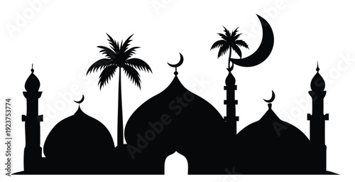 mosque silhouette with crescent moon and palm trees on white