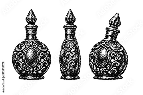 Dot art glass bottle with embossed surface details shown from front view, side view, and three-quarter view as a single object set with