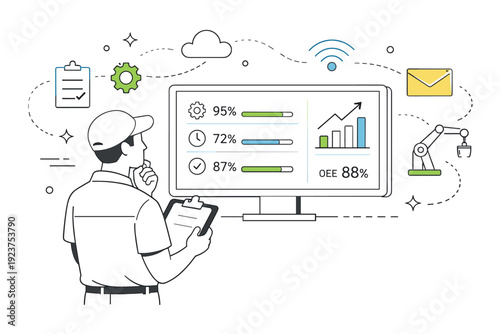 Automation Dashboard Monitoring. Monitoring automation dashboards. A worker checking a screen displaying process metrics and efficiency charts, floating