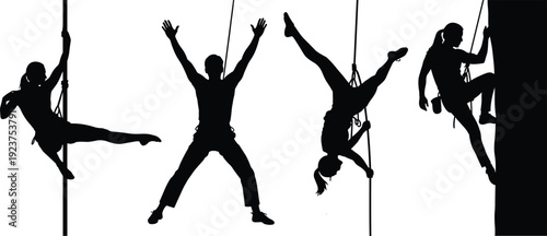 Set of black silhouettes of people rock climbing and rappelling in various active poses for extreme sports and outdoor adventure concepts on white background