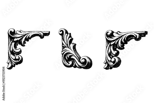 Halftone dotted ornamental corner, a single decorative corner flourish object displayed in flat front view, rotated side view, and