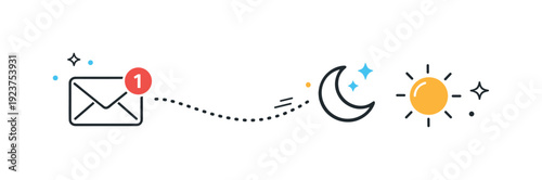 Email notification icon travels from night to day, symbolizing timely communication