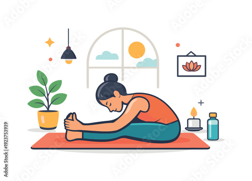 Yoga lifestyle peaceful indoor scene with a person practicing a gentle pose in a sunlit room, expressing calm focus, balance, and mindful