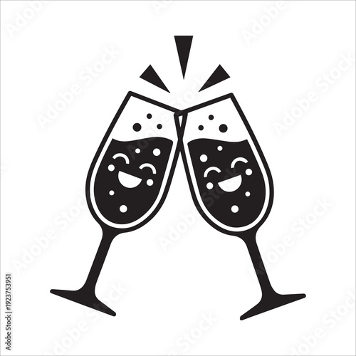 Cute Black and White Champagne Glasses Toasting with Happy Faces Icon