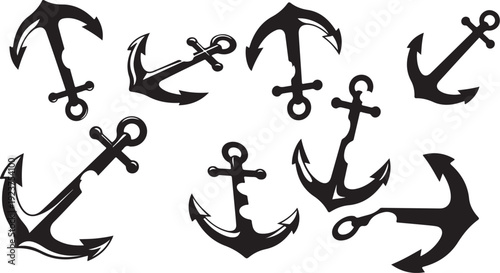 Collection of various anchor icons in black silhouette style